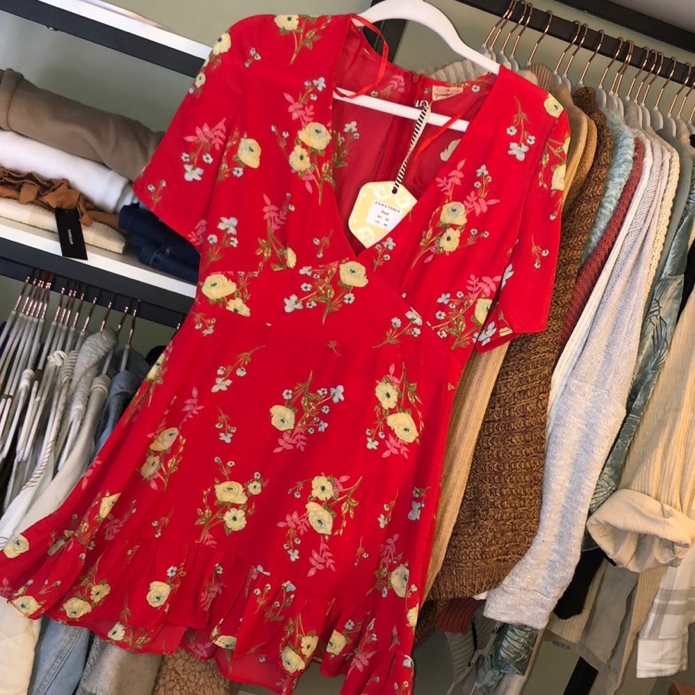 Floral print red mini dress